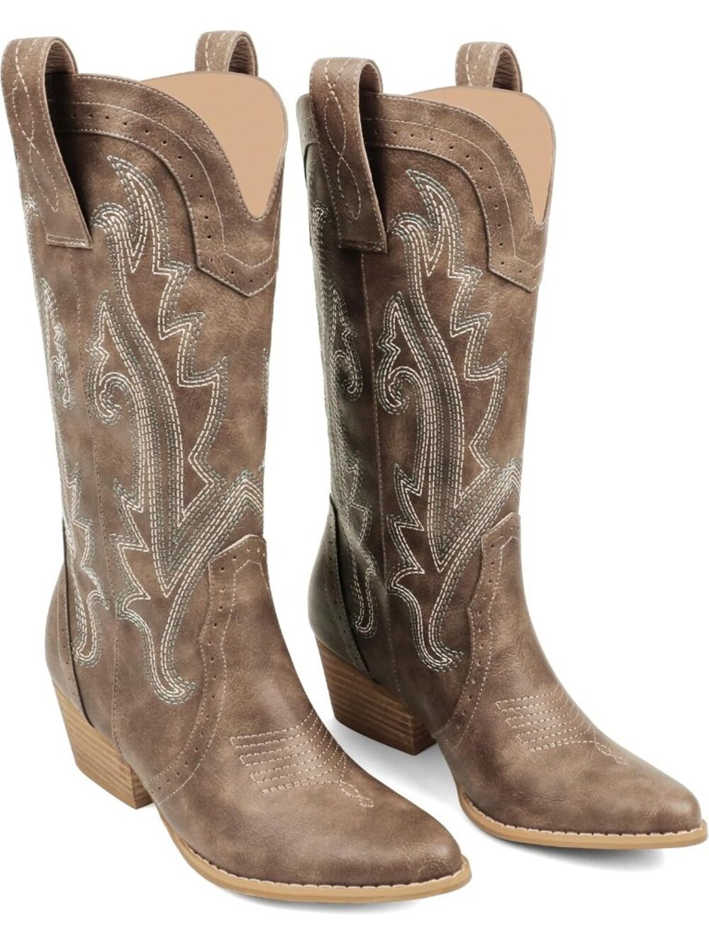 Women's Brown Mid-calf Boots Pointy Toe Boots Western Cowgirl Boots Chunky Heels